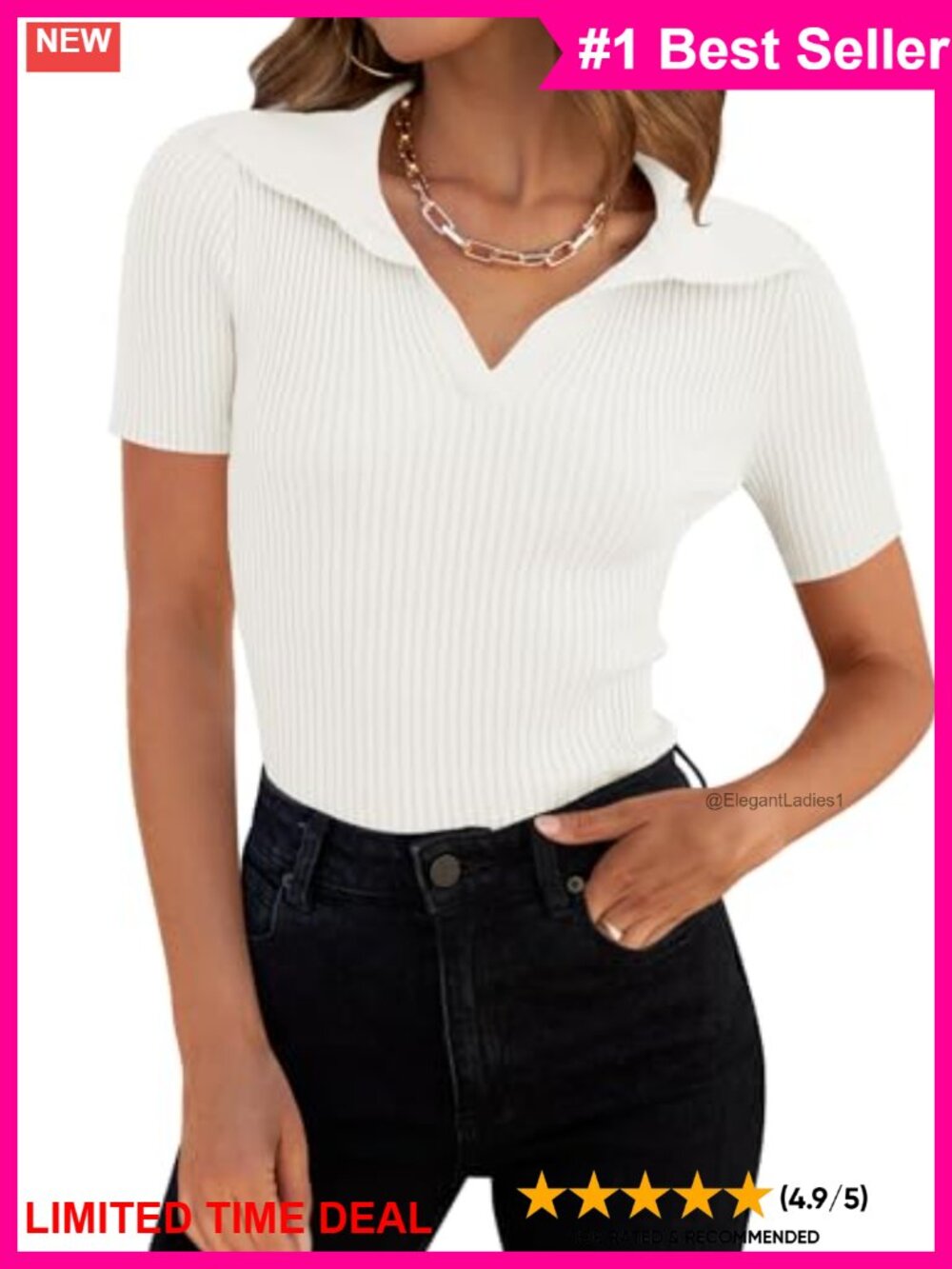 Womens Short Sleeve V-Neck Ribbed Knit T-Shirt Slim Fit Office Top